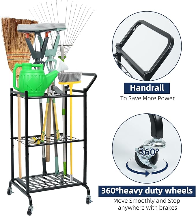 Garden Tool Organizer and Storage, Yard Tool Organizer for Garage Up to 41 Tools, 3-tire Yard Tool Holder Holding Long Handled Tools for Shed Garden Outdoor with Wheels