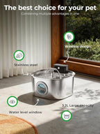 Voluas Stainless Steel Wireless Cat Water Fountain: 3.2L/108oz 3-Modes Pet Drinking Fountain Indoor Cordless Motion Sensor with Pet Water Dispenser Bowl with Water Level Window, BPA-Free, 4Filter