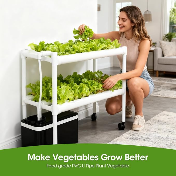 Hydroponics Growing System Kit with Wheels, 54 Plant Sites Gardening Aquaponics Tower, 2-Tier Food-Grade PVC-U Pipes Water Pump Timer for Leafy Vegetables, Indoor, Outdoor (33"x35"x14" in 54 Holes)