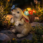 PETAFLOP Solar Garden Statues Outdoor Decor, Rabbit with Flower Basket & Butterfly Birthday for Patio Balcony Backyard Lawn Yard Decorations, Housewarming Gifts for Women, Mom, Grandma