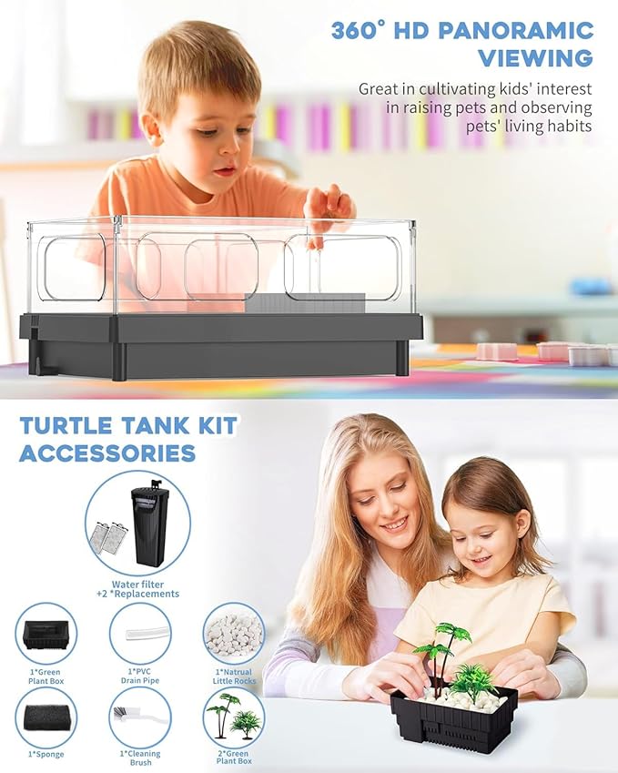 MoonOrange Small Turtle Tank, Aquarium, Acrylic Terrarium with Basking Platform, Bottom Drainage, Multi-Function Areas for Turtles, Crabs, Crayfish, Reptiles.(Black)