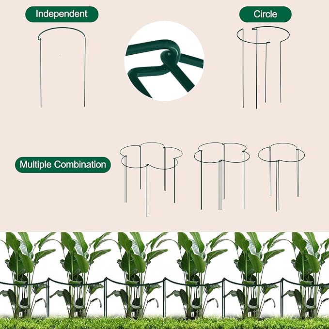 Tall Heavy-Duty 24in Plant Support Stakes - 8 Pack Adjustable Peony Cages & Supports for Outdoor Plants, Half-Round Garden Stakes for Hydrangea, Roses with Extension Stakes