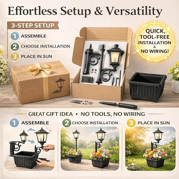 2-in-1 Solar Post Light with Planter for Real Or Fake Flowers, 2026 New Solar Lamp Post - Wall Mount Or Freestanding, 3000K Solar Lamps Outdoor Waterproof, for Lawn, Patio, Front/Back Door