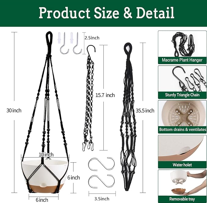 Koalaime Hanging Planter Self Watering 10 Inch, 2 Pack Indoor Outdoor Hanging Baskets, Hanging Flower Pots with Drainage Hole & 2 Kinds of Plant Hangers for Garden Home Decor(Black Hanger