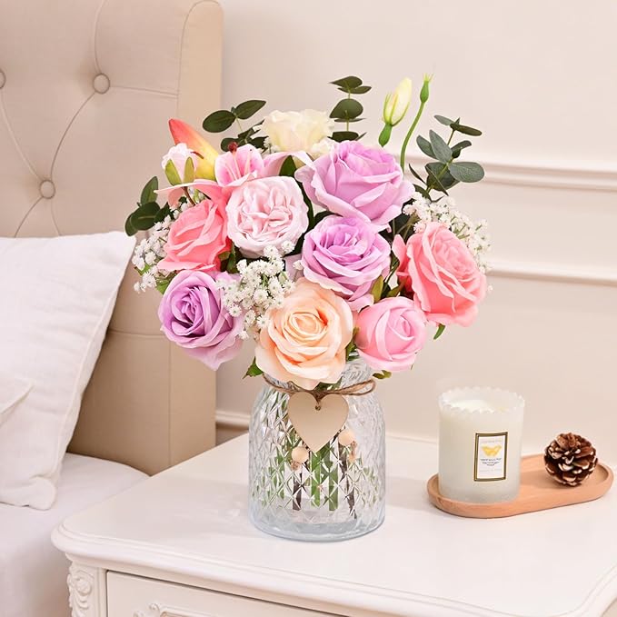 Livole 22Pcs Fake Flowers in Vase Silk Artificial Flowers with Vase & Light Fake Plant Eucalyptus Flower Arrangement for Table Centerpieces Decor for Living Room Coffee Home Farmhouse Purple