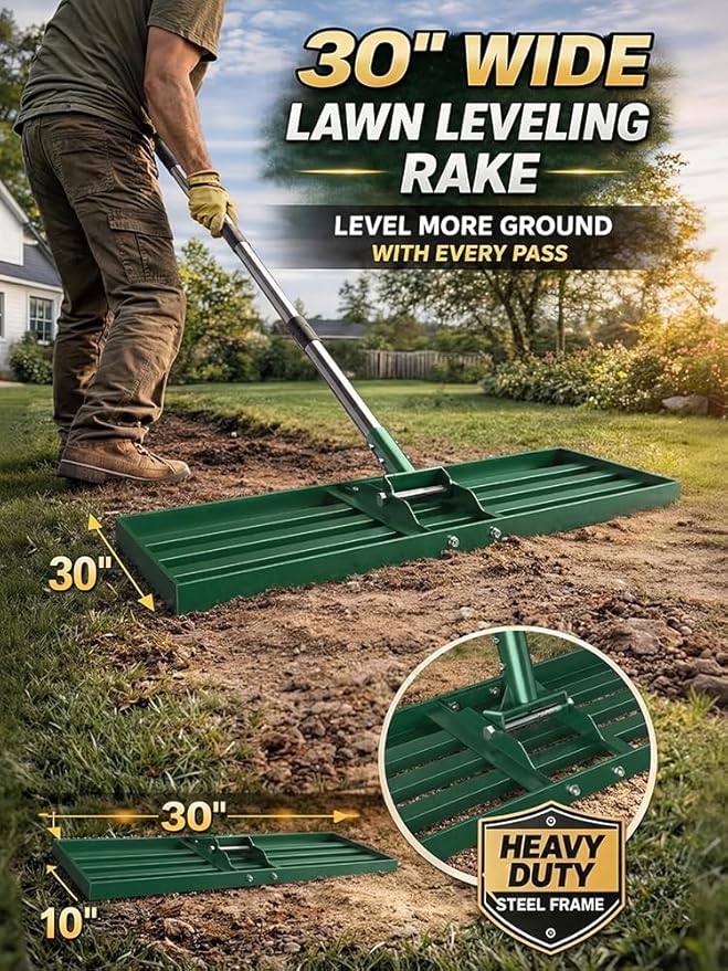30x10 inch Lawn Leveling Rake, Yumatum 72" Effort Saving Lawn Leveler Tool, Stainless Steel Handle Lawn Leveler for Golf Course Yard Pasture Garden, Professional Lawn Care Landscape Rake(Green)