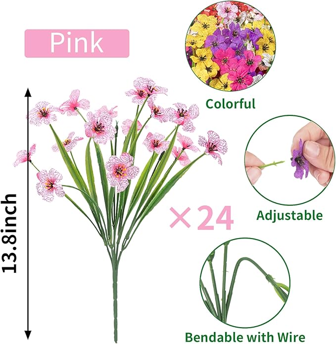 Roberly 24 Bundles Artificial Flowers for Outdoors UV Resistant Silk Fake Flowers Faux Plastic Plants for Porch Garden Window Box Indoor Outdoor Spring Summer Home Farmhouse Decor, Pink