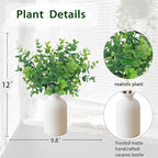 12" Artificial Sage Eucalyptus Stems Potted Plant - Realistic Small Fake Desk Plants for Office Home Decor, Faux Plants in Frosted Ceramic Vase for Indoor Spaces, Table Decor（7 pcs）