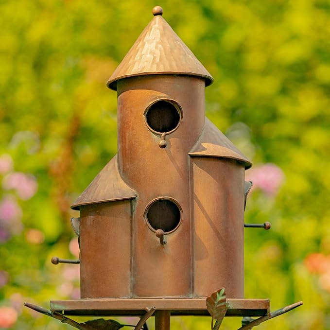 Zaer Ltd. Large Copper Colored Multi-Birdhouse Stakes, Room for 4 Bird Families in Each (Tall Triple Cylinder Homes (Copper Color))