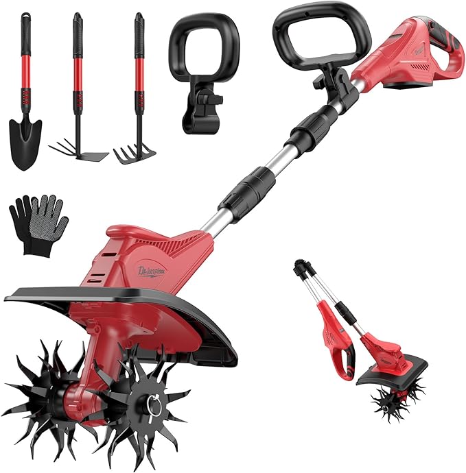 Battery Powered Tiller Compatible with Milwaukee 18V Battery(Tool Only), 310RPM Folding Electric Rototiller Features 40 Steel Tines, 9.1In Tilling Width & 6.3In Depth Tiller
