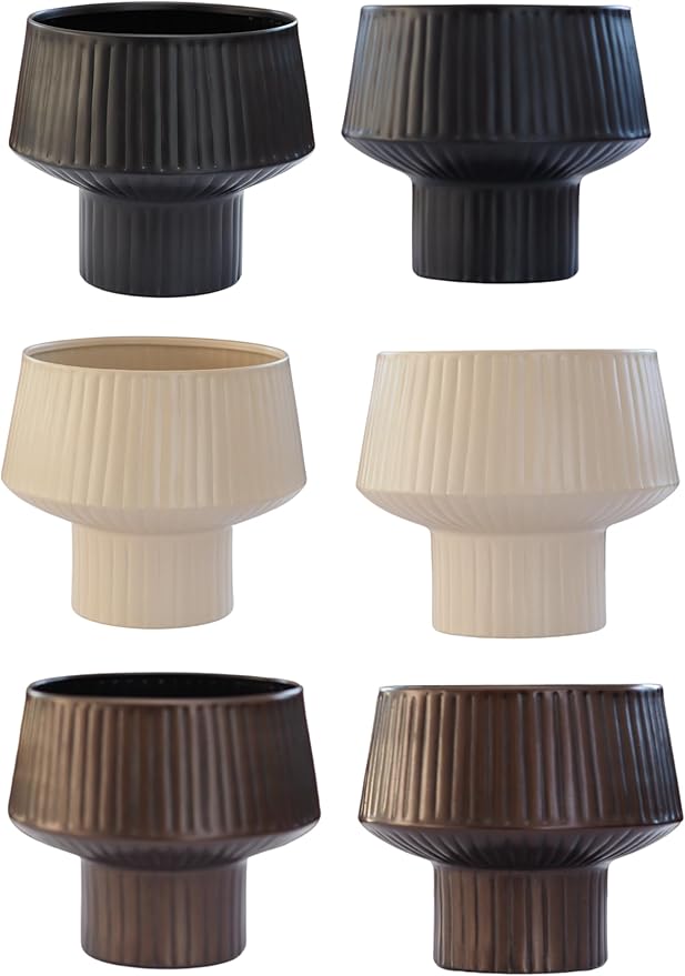 Wide Top Modern Handmade Metal Indoor Planter with Unique Shape, Vertical Grooved Design and Anti-Scratch Pads, Rust-Resistant Finish that is Sustainable Non-Plastic Pot Recyclable Metal Vase (White)