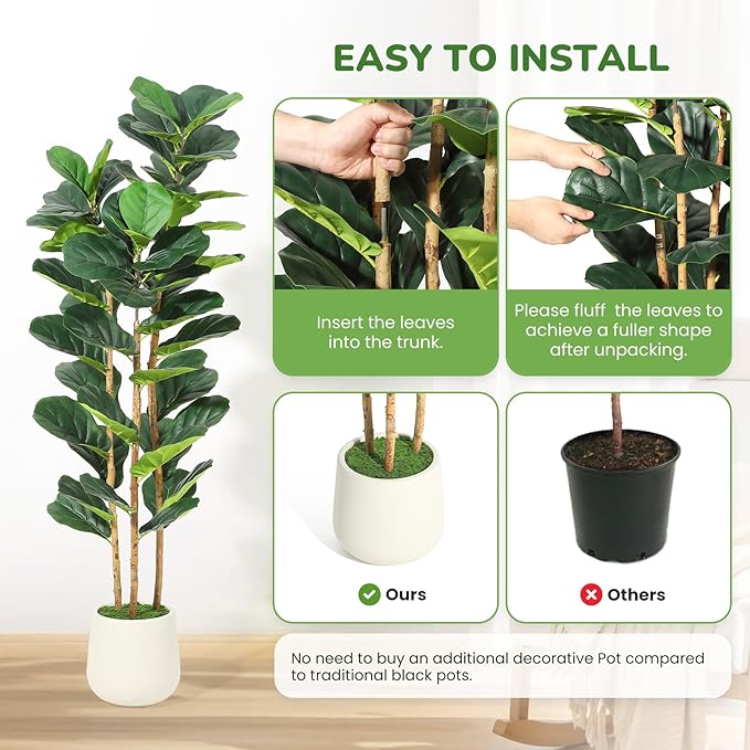 5FT Artificial Fiddle Leaf Fig Tree - Faux Rubber Tree with White Pot - Tall Fake Floor Plant with 56 Leaves - Artificial Plant for Home Decor Indoor Office Living Room