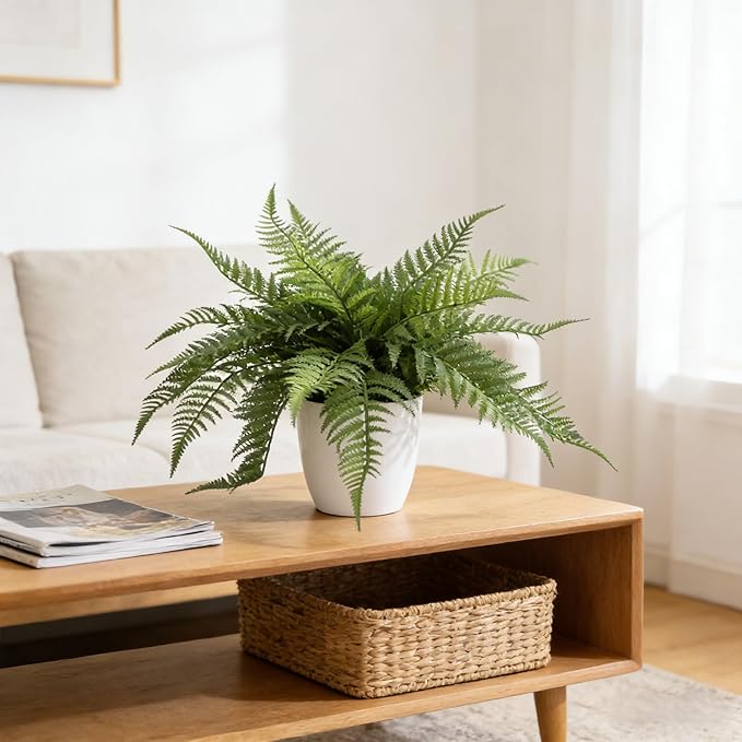 Artificial Fern Plant in Pot, 12'' Fake Desk Plant, Realistic Faux Greenery for Home Office Bathroom Shelf Décor, No Maintenance Indoor Plant (1 Pack)