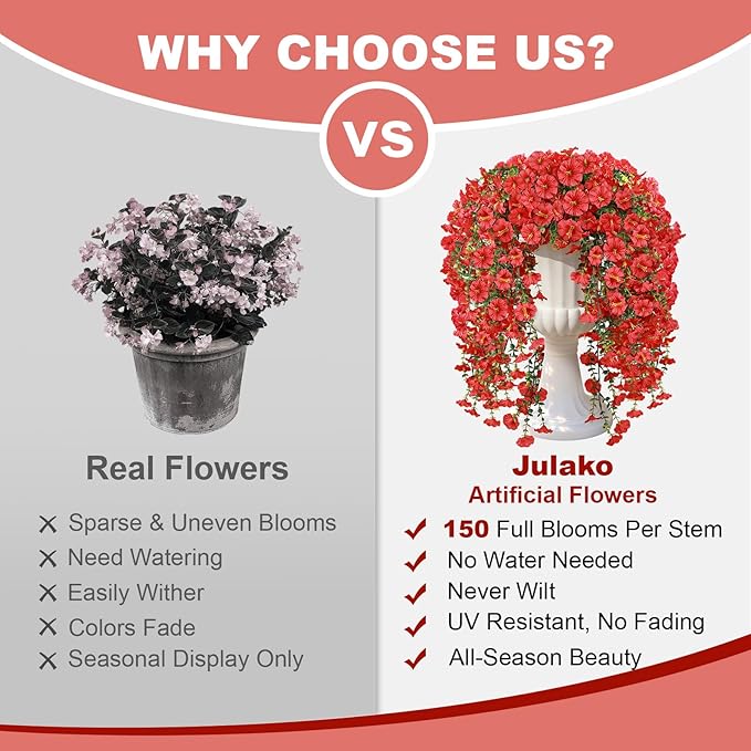 Artificial Hanging Flowers for Outdoors, 4 PCS 600 Blooms UV Resistant Morning Glory Faux Silk Vines, No-Odor Realistic Fake Plants for Garden Planter Porch Patio Decoration, Red
