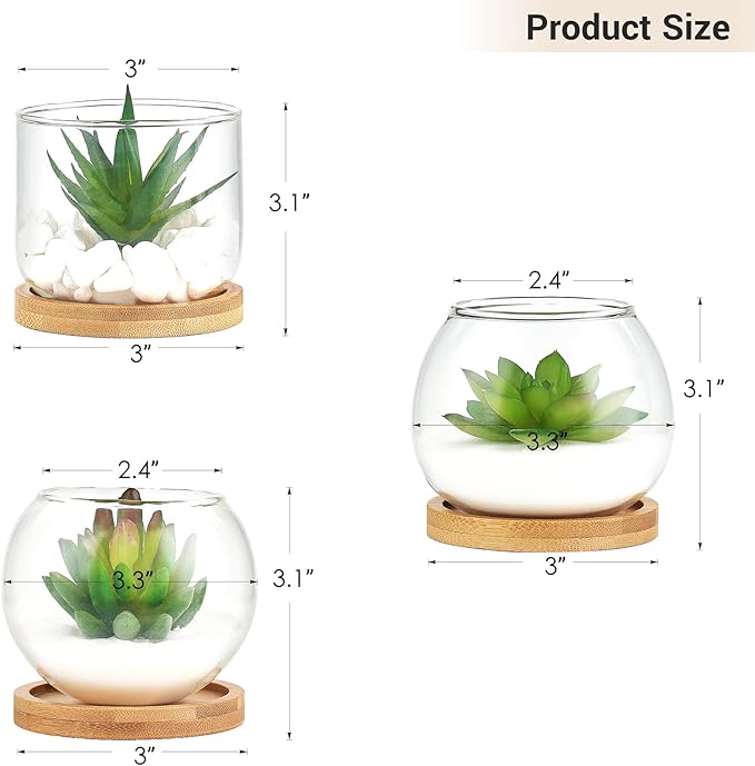 Mkono Artificial Succulent in Clear Glass Pot, 3 Mini Potted Fake Plants for Women Office Decor Small Faux Green Plant with BambooTray for Bookshelf Bathroom Kitchen Tabletop Centerpiece