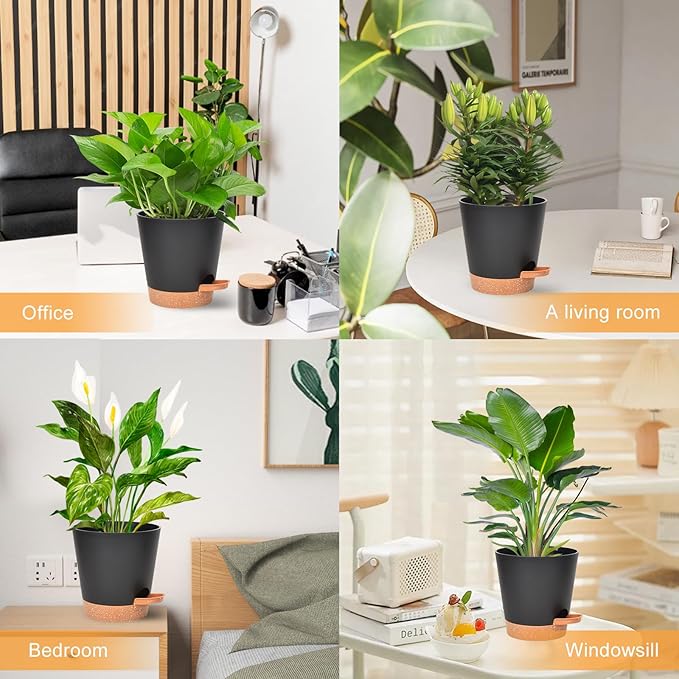 Vanslogreen Planters for Indoor Plants 7/6.5/6/5.5/5 Inch, Self Watering Flower Pots with Drainage Holes and Saucers 5 Pack Plastic Pots for Plants, Succulents, Herbs, Cactus, Flower, Black