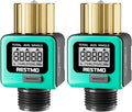 [2 Pack] RESTMO Heavy Duty Water Flow Meter, Pure Brass Inlet | Metal Thread | 4 Measure Modes | Display Gallon/Liter Usage and Flow Rate | Ideal to Track Outdoor Garden Hose Watering