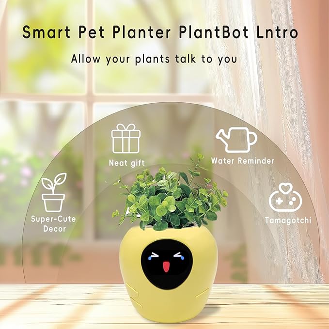 Smart Plant Pot with Expression, AI Intelligent Flower Pot for Indoor Decoration, Smart Garden Pot with Water/Light/Temperature Sensors, Ivy AI Planter (Yellow（Big）)