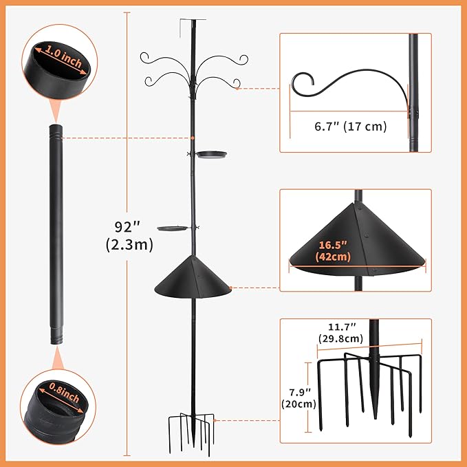 eWonLife 92 Inch Squirrel Proof Bird Feeder Pole with 9 Prongs Base, 1 Inch Dia Bird House Pole, Heavy Duty Bird Feeder Stand, Adjustable Shepherds Hooks for Outdoor with Squirrel Baffle Birdbath Tray