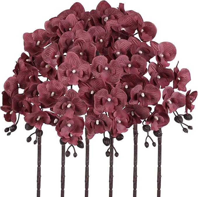 6PCS Artificial Orchid Flowers 27’’ Silk Faux Phalaenopsis Orchids Fake Orchid Stems for Vase Table Centerpiece Home Wedding Party Garden Decoration(Dark Red)