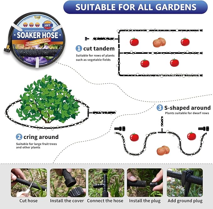 3 Pack Soaker Hose 10 FT for Garden Bed, 1/2’’ Diameter Short Soaker Hoses for Irrigation To Save 70% Water, Short Drip Soaking Hose for Vegetable Beds (3 Pack 10 FT)
