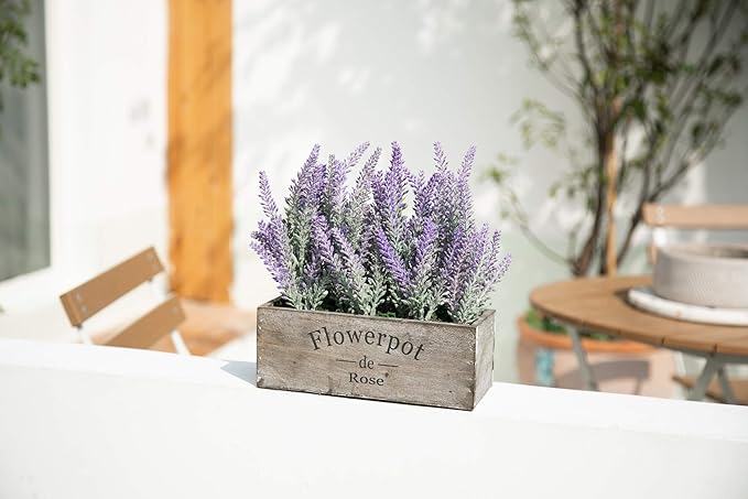 Velener Purple Artificial Lavender Flowers with Decorative Tray Wooden Box 9 Inches - Lifelike Faux Lavender Plants for Home and Office Decor, Fake Lavender Rustic Farmhouse Style