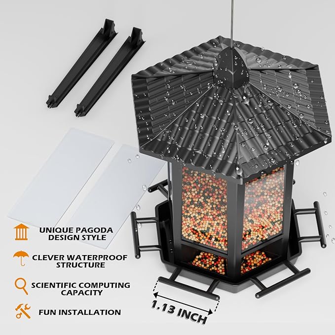 Birdream Hanging Bird Feeders, Retro Pagoda Design Fun Installation Squirrel Proof Bird Feeders, Attracting Wild Birds Chickadees Goldfinches Cardinals Finches and Sparrows - Black