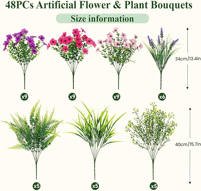 Alupssuc 48 Bundles Artificial Flowers for Outdoors Planters Spring Decoration, UV Resistant Faux Eucalyptus Violet and Lavender Silk Fake Plants for Outside Indoor Yard Home Patio Decor, Mix 3 Colors
