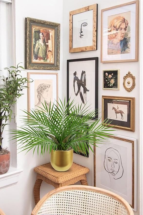 Briful Fake Plant 15.7’’ Artificial Palm Plant in Gold Pot Real Touch Faux Tropical Palm Tree Houseplant for Home Indoor Living Room Tabletop Balcony Decorations