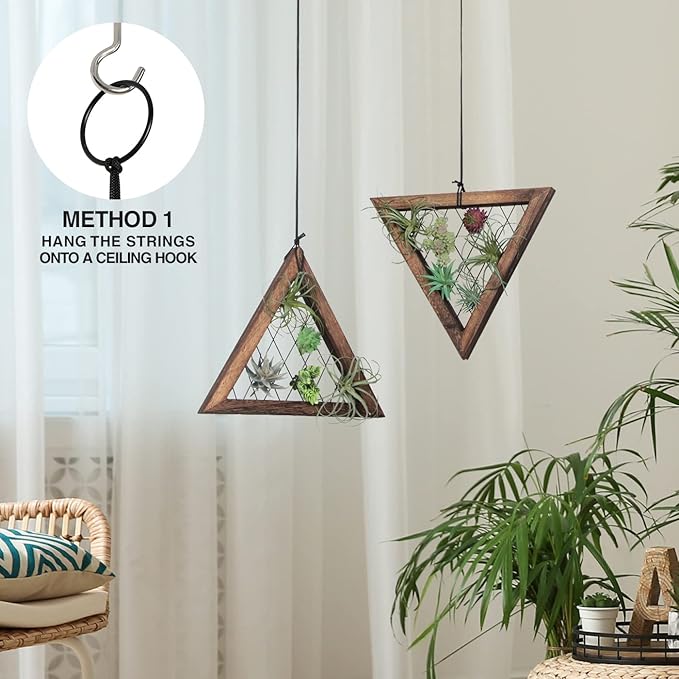 J JACKCUBE DESIGN Air Plant Triangle Frame Hanging Airplant Holder, Rustic Wood Tillandsia, Succulent Plants Display Hanger Shelf for Wall Décor, Set of 2- MK1061A