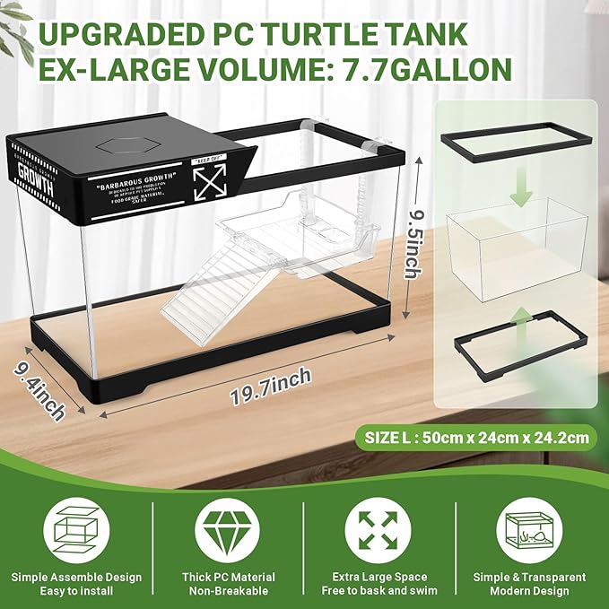 GOZILLA Aquatic Turtle Tank Kit+Lamp+Filter, Upgrade PC Turtle Tank Starter Kit with Adjustable Lamp & Filter,Reptile Habitat with Lid,Hanging Platform for Small Reptiles.(19.68×9.52×9.44''/Black Kit)