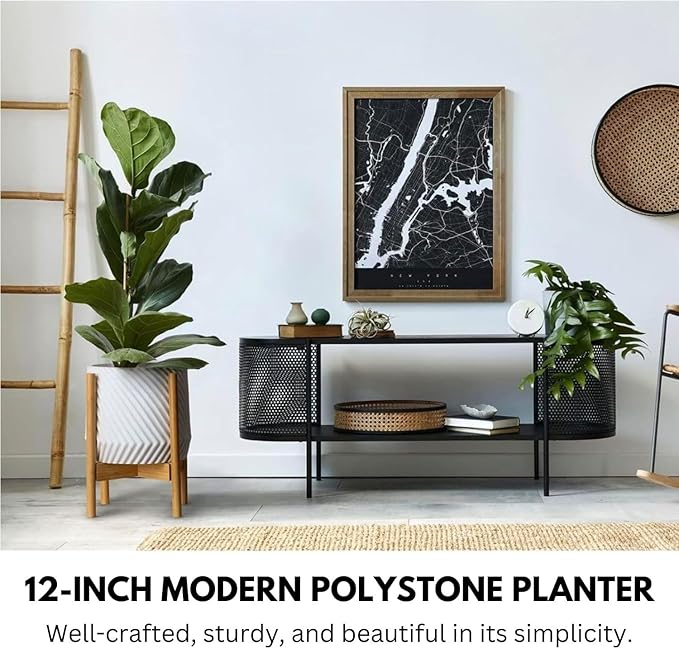 Fox & Fern Large 12 Inch Planter with Drainage Plug — Premium Polystone White Plant Pot - Modern Planter with 3D Texture and Ceramic Finish - 12 Inch Pots for Plants Indoor & Outdoor.