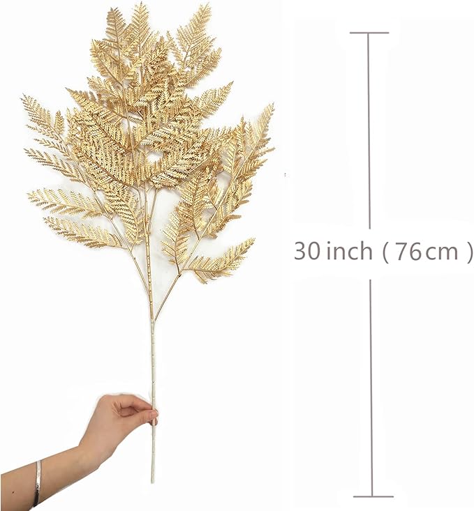Artificial Plants Christmas Decor, PASYOU Gold Fern Fake Flowers Shrubs Plastic Grass Leaves Indoor Outdoor Home Garden Hotel Verandah Wedding Party Event Faux DIY Decoration, 30 Inch Golden 2 Bunches