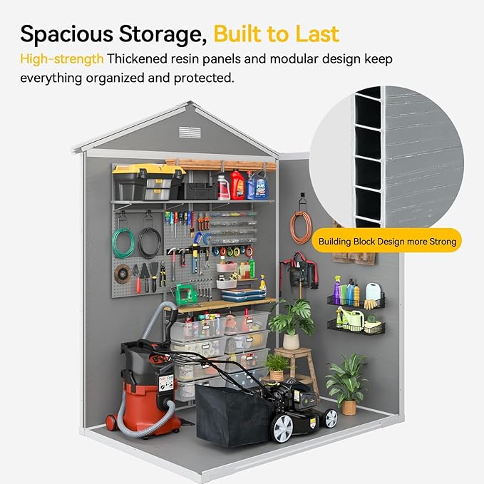 Aoxun 6x4 FT Outdoor Storage Shed with Built-in Magnetic Suction Light, Plastic Garden Resin Shed with Floor, Outdoor Storage with Lockable Door for Bike, Tools, Garbage Can, Grey