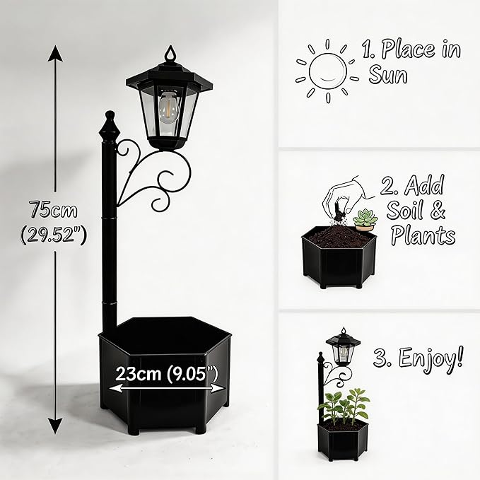 Solar Floor Lamps with Planter (2-in-1 Design), 29.5" Outdoor Solar Lamp Post - IP44 Waterproof, Warm Yellow Lights Dusk to Dawn 6-8Hr, Easy Install for Lawn, Patio, Porch, Yard & Pathway Decor