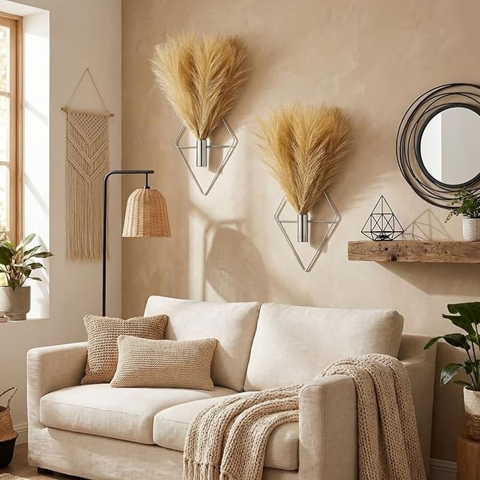 Canlierr 2 Pieces Boho Wall Decor Hanging Planters with Artificial Plants Metal Hanging Vase Indoor Plants Holder Modern Wall Art for Bathroom Bedroom Living Room Decor, Silver, Pampas Grass