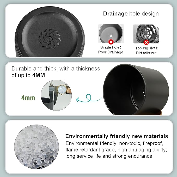 WSMKSZ 3 Pack 6/5/4 inch Cylindrical Flower Pots, Modern Small Round Plastic Plant Pots with Drainage Holes & Saucers, Clean and Refined Planter Pots for Outdoor, Indoor & Office Decor (Black Brown)