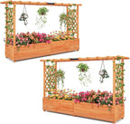 Giantex 2 Pcs Raised Garden Bed with Trellis & Hanging Roof, Wood Planter Box with Bottom & Drainage Holes, Freestanding Garden Planter for Flower Fruit Vegetable Herb Climbing Vine (77"x14.5"x45")