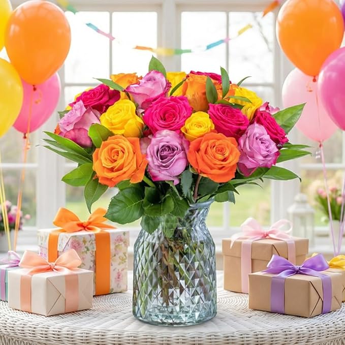 Benchmark Bouquets - Roses Bouquet Assorted Colors - Fresh Flowers for Delivery - Two Dozen Long Stem Roses - Mothers Day Gifts for Mom - Mothers Day Flowers for Mom (Glass Vase Included)