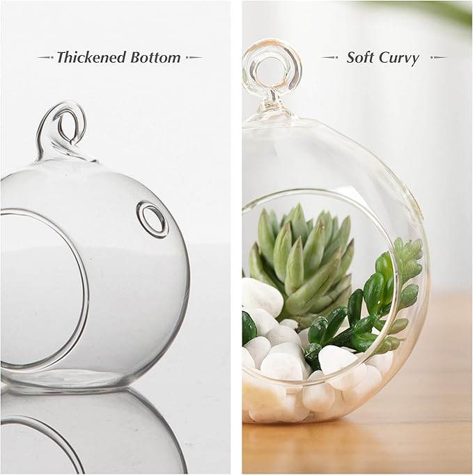 WGV Hanging Terrarium Globe, Width 4", Height 4.75", DIY Air Succulent Planter, Clear Glass Vase Orb with Flat Bottom, Candle Holder for Windowsill Outdoor Garden Decor, 3 Pieces Bulk