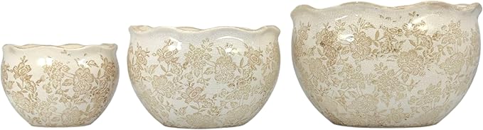 Galt International Ceramic Plant Pots Set of 3 Rustic Vintage Farmhouse Cream Crackle Glaze (11"/ 9.6"/ 7") Garden Indoor Outdoor Flower Planter w/Drainage Hole (Vintage Brown)