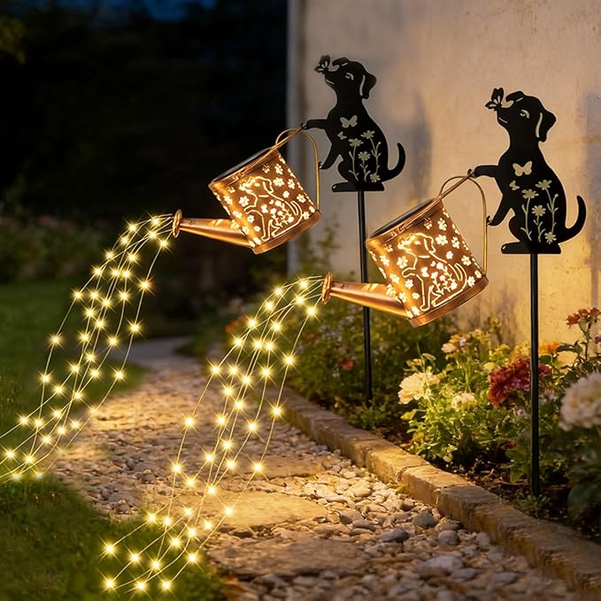 Solar Watering_Can with Light, Outdoor Garden Decoration, Featuring A Metal Dog Statue Garden Stake; Makes A Great Gift for Women, for Outdoor Landscaping, Lawns, and Pathway