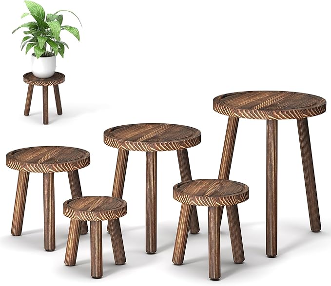 5-Pack Wood Plant Stands Indoor, Single Plant Stand for 6-12 Inch Pots, Mid-Century Modern Plant Stool, Tall Plant Stand for Large Plants for Living Room, Balcony, Office (Dark Brown)