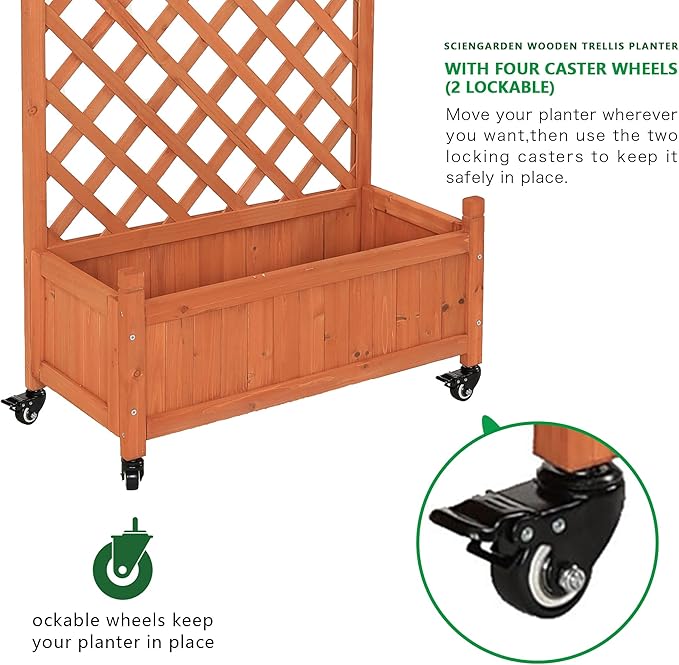 2 Pcs Wooden Planter Boxes with Trellis: Four Universal Wheels for Easy Mobility, 37.6" H x 27.5" W x 13" D,Perfect for Outdoor Climbing Plants on Patios, Balconies & Gardens