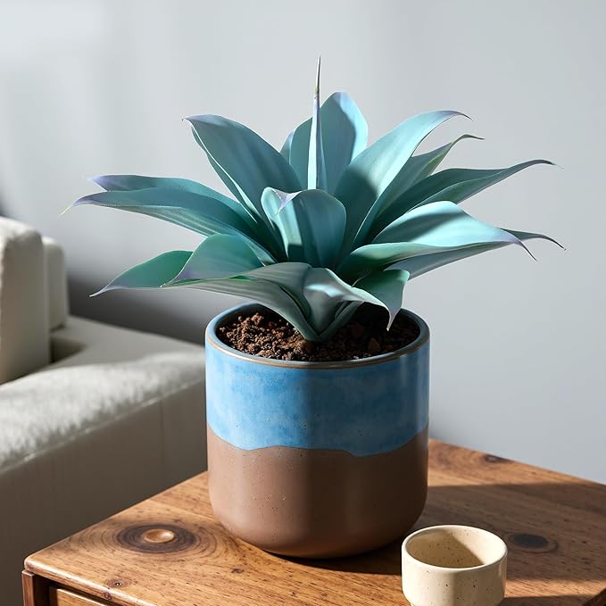Ttranewsoo Fake Plants Artificial Agave Plants 13.8" Large UV Resistant Fake Agave Planters for Indoor and Outdoor Decorating Tropical Plant Succulents Greenery Indoor Decor (Blue) 2Pack