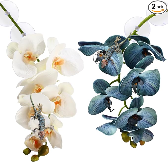 Chuangdi 2 Pcs Artificial Phalaenopsis with Suction Cups Terrarium Plant Decoration Reptile Habitat Plant Decor for Hermit Crab Lizards Geckos Snake(Teal Blue,White,Classical)
