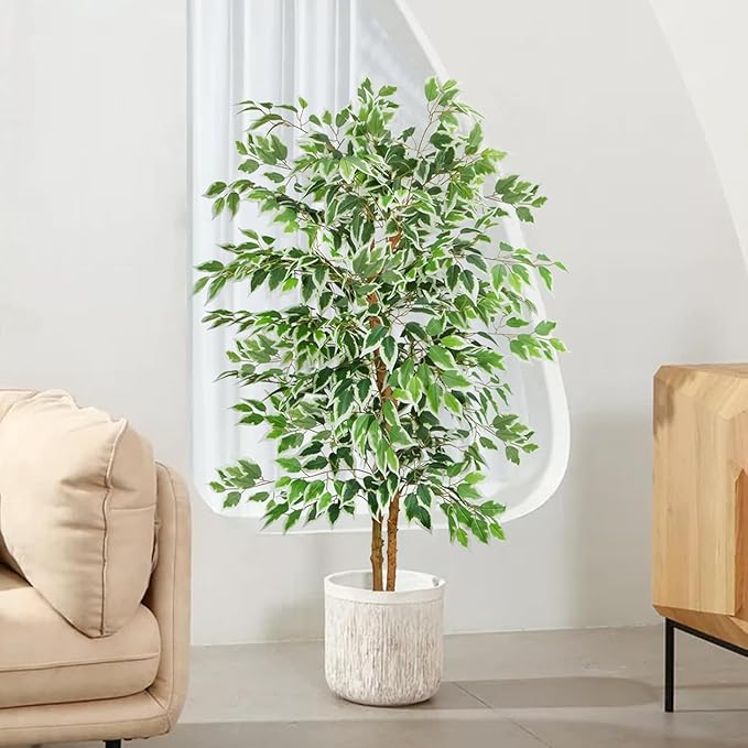 GTIDEA 2 Pcs 5ft Ficus Artificial Trees, Tall Faux Trees with Natural Trunk, Fake Silk Tree Artificial Plants for Home Decor Indoor Living Room Outdoor Balcony House Office (Included Dried Moss)