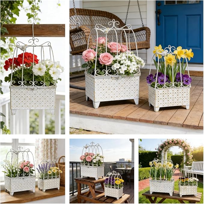 2-Piece Vintage Metal Birdcage Planter Set, Rustic Distressed Plant Holder, Farmhouse Floral Containers for Indoor Outdoor Garden, Patio & Tabletop Decor