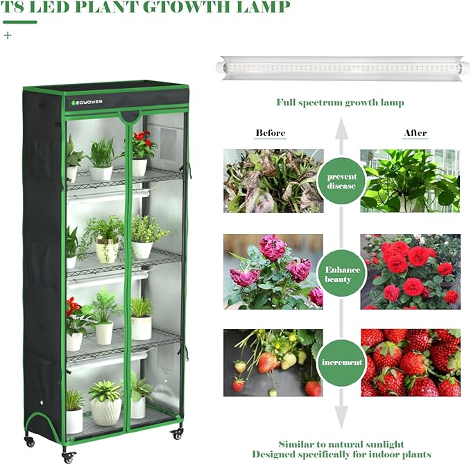 Indoor Greenhouse with Grow Light, 35.8" W x 17.8" D x 71.8" H, 5-Tier Plant Shelf with 3-Color T8 Growth Lights, Plant Stand with Smart Timing Plug and thermohygrometer
