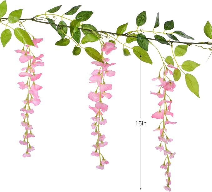 Lvydec Wisteria Artificial Flowers Garland, 4 Pcs Total 28.8ft Artificial Wisteria Vine Silk Hanging Flower for Home Garden Outdoor Ceremony Wedding Arch Floral Decor (Pink)